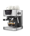 Heavy Hitter 19 Bar Manual Espresso Machine With Integrated Milk Frother Dual Outlet Arms brewing espresso shots.