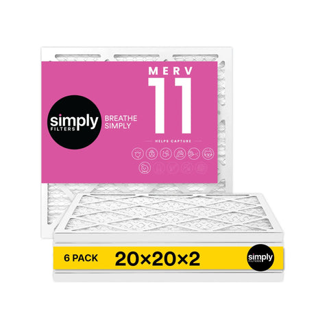 20x20x2 Air Filter MERV 11 Six Pack For HVAC Furnace Systems packaging, actual size 19.5x19.5x1.75