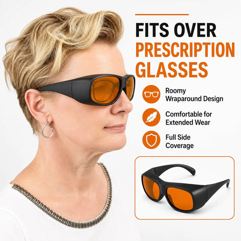 Pro Grade Multi Wavelength Laser Safety Glasses With Heavy Duty Optics Spanning 180 To 1095 Nm For Industrial Medical And Lab Work That Keep Your Vision Crisp And Bulletproof, side view on a woman with orange tint lenses.