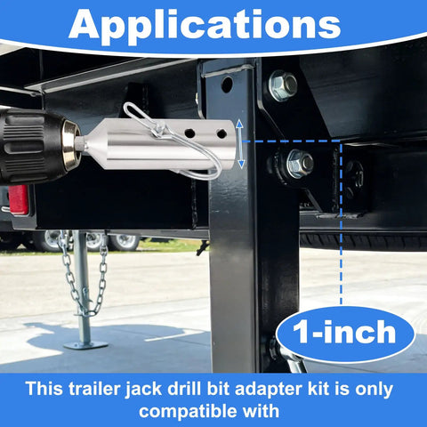 Heavy Duty Trailer Jack Drill Adapter For 1 Inch Drive Shaft Badass Stainless Steel Cordless Drill Conversion Kit attached to trailer.