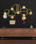 Abstract Metal Wall Hanger With Geometric Coat Hooks, Killer Wall Art For Entryway, Modern Silver Coat Rack Organizer, Smooth Operator Hat Stand Holder 53x26 Inches, gold design with hats and bag.