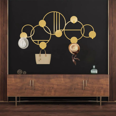 Abstract Metal Wall Hanger With Geometric Coat Hooks, Killer Wall Art For Entryway, Modern Silver Coat Rack Organizer, Smooth Operator Hat Stand Holder 53x26 Inches, gold design with hats and bag.