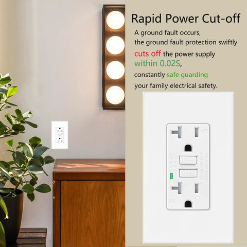GFCI Outlet 20 Amp Self Test With LED Indicator, Weather Resistant, Indoor Or Outdoor Use, shown on wall, close-up view