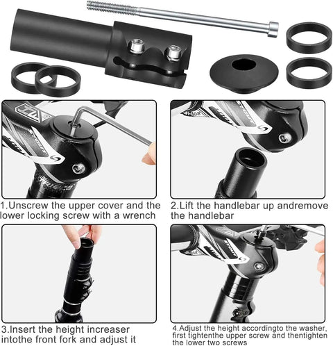 Adjustable 1-1/8 Inch Aluminum Bike Stem Riser Extender Boosts Bar Height Up To 5.3 Inches With 28.6mm Clamp installation guide