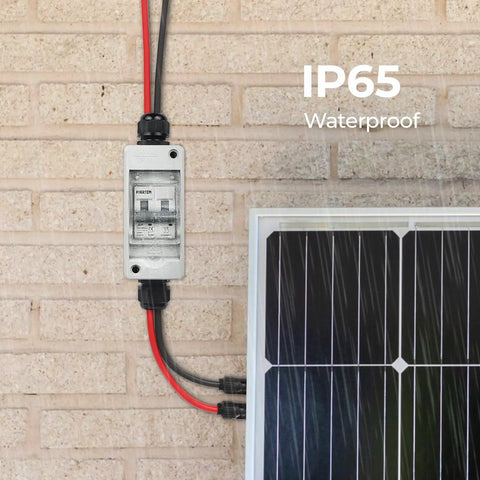 Solar Panel Disconnect Switch 400V DC And AC 20A Mini Breaker with DIN Rail Enclosure shown installed next to solar panel.