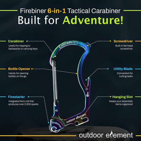 Image showing Custom Engraved Firebiner 6 In 1 Fire Starter Carabiner Multitool For EDC Keychain with labels detailing features.