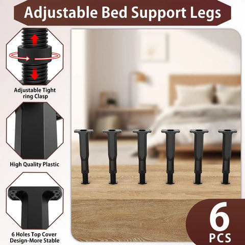 Adjustable Height Bed Frame Support Legs, Plastic Center Support Stands With Swivel Base, Heavy Duty Furniture Feet Replacement For Uneven Floors, Zero Sweat Setup Pack Of Six displayed on a wooden surface.