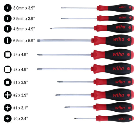 SoftFinish Grip Screwdriver Set 10 Piece With Slotted 3.0 To 6.5 Phillips 0 To 2 And Robertson 1 To 3 Ergonomic display