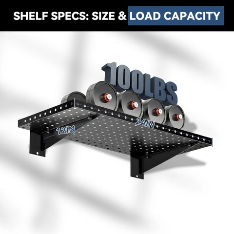Two Pack Heavy Duty Garage Wall Shelves 24 By 12 Inches Black Steel Wall Mounted With Raised Edge Guard Rust Resistant And Tough Each Shelf Holds Up To 150 Lbs Ideal For Tools Cans Balls And Gear, 24x12 in black steel shelf with 100 lbs load capacity graphic