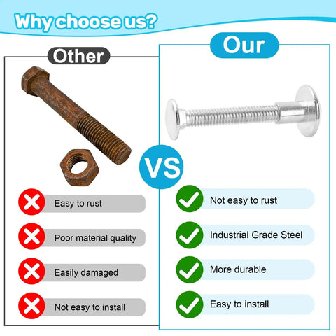 Comparison image of rusted bolt vs new bolt showing Heavy Duty Trailer Hasp Bolt Kit 8 Piece Set With 5/16 Carriage Bolts Plus Torx Barrel Nuts.