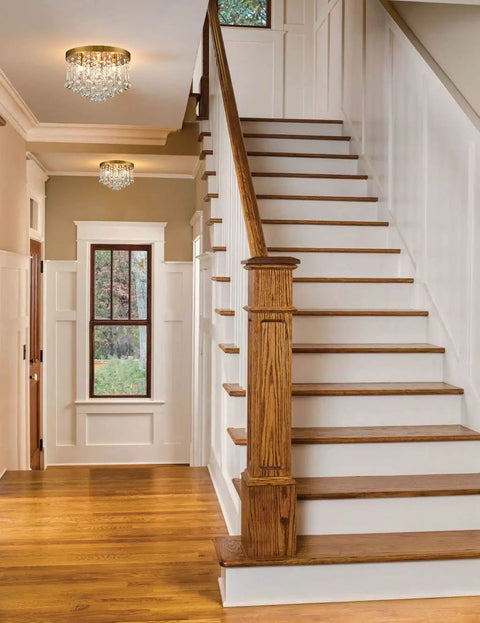 Elegant hallway with wooden staircase, featuring Two Three Light Crystal Chandelier With Brass Finish Flush Mount Ceiling Light Fixture.