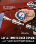 3/8in automatic quick-connect pressure gauge from McKillans in close-up with 3/8in male plug