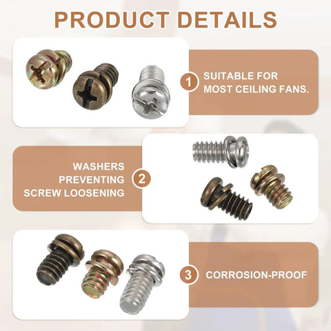 Top Shelf 30 Piece Ceiling Fan Blade Screws 1/4 20 X 3/8 Inch Carbon Steel Phillips Pan Head Replacement Fasteners showing various screw types.