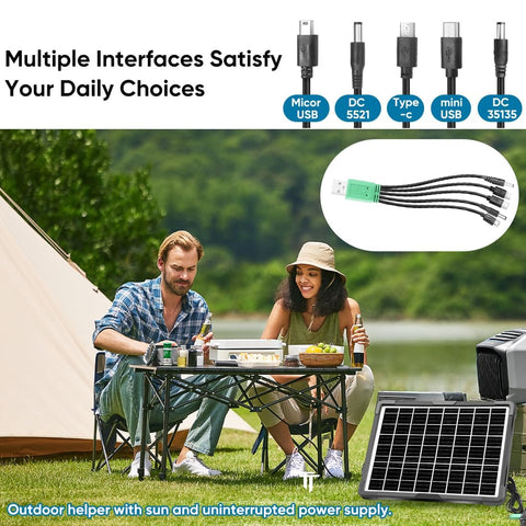 Couple sitting by tent with 20W solar powered battery charger and maintainer with built-in smart MPPT charge controller