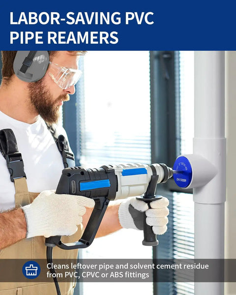 Person using 3-Inch PVC Pipe Reamer And Fitting Saver Tool With 4-Sided Carbide Blade For Schedule 40 PVC CPVC ABS Hubs