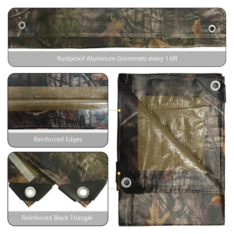 Heavy Duty Waterproof Tarp With Bionic Tree Camo Pattern showing reinforced edges and rustproof grommets