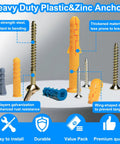 136 Piece Drywall Anchors And Screws Set with plastic and zinc anchors on white surface