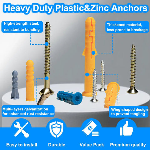 136 Piece Drywall Anchors And Screws Set with plastic and zinc anchors on white surface
