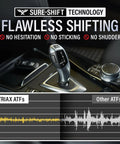 Automotive interior showing gear shift with text promoting Top-Tier Full Synthetic DCT ATF Transmission Fluid OEM Grade