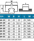 Technical diagram with measurements for HGH series linear guide rail sizes from HGH-15 to HGH-55 including crash pad thickness.