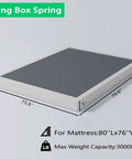 Built Straight Up Tough King Size Box Spring With Heavy Duty Metal Slats And Reinforced Steel Mattress Foundation showing dimensions and weight capacity.
