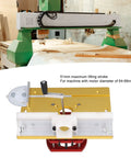 Router Table Lift Kit With Stainless Steel Base Plate For Quick Accurate Repeatable Setups On Woodworking Machines 64 To 66 mm Motor Diameters Four Mounting Holes And Included Screws And Wrenches Gold Finish shown with a woodworking machine.