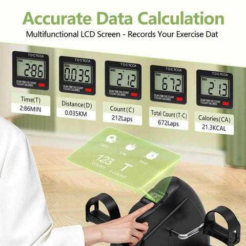 Multifunctional LCD screen display of Under Desk Elliptical And Mini Exercise Bike For Easy At Home Or Office Workouts, showing time, distance, and calories.