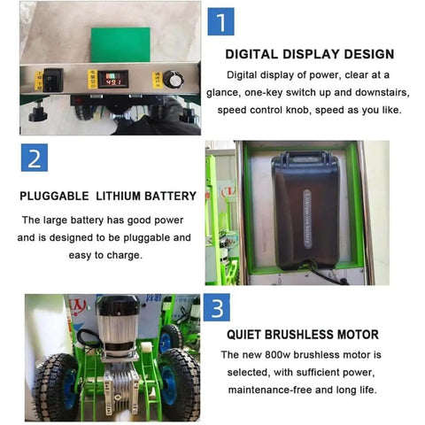 Digital display, pluggable lithium battery, and brushless motor of Huge Heavy Duty Electric Stair Climber Cart.