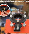 Clamp for Rock Solid Router Table Lift System With Zero Play, holds 3.5 inch router securely, featuring adjustable clamping block.