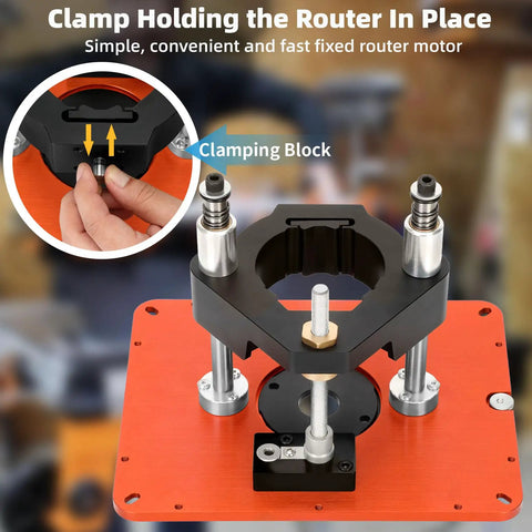 Clamp for Rock Solid Router Table Lift System With Zero Play, holds 3.5 inch router securely, featuring adjustable clamping block.
