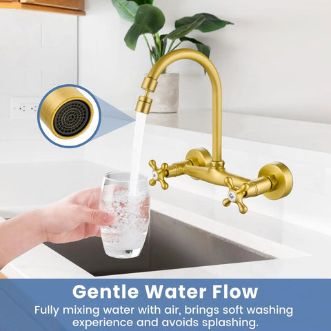 Wall Mount Kitchen Faucet With Sprayer, 360 Degree Swivel Spout, Double Cross Handles, 8 Inch Center, Antique Brass in use