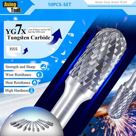 Close-up of Pro Grade Ten Piece Carbide Burrs Set With One Quarter Inch Shank Double Cut Tungsten Carbide Rotary Files in use