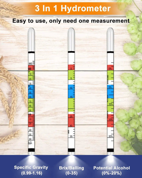 Triple Scale Hydrometer For Home Brew And Home Brewing With ABV Brix And Specific Gravity Readings For Wine Mead Kombucha And Beer, Fermentation Hydrometer Kit, Easy To Use Alcohol Meter For Accurate Sugar And Alcohol Levels. 3-in-1 hydrometer with ABV, Brix, and SG scales