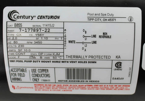 Label for Top Shelf 2Hp 56Y Frame Square Flange Swimming Pool Motor, 230V 2HP specs and wiring instructions.