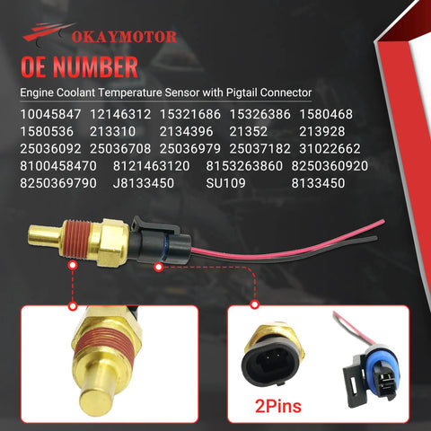 Engine Coolant Temperature Sensor With Pigtail Connector Direct Replacement For Chevy GMC Cadillac Buick Honda Pontiac Heavy Duty Build showing OE numbers.