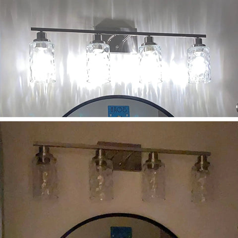 4 Light Vanity Light Fixtures For Bathroom With Brushed Nickel Finish And Hammered Glass Shades, illuminated and unlit views