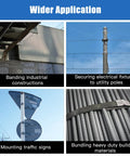 304 Stainless Steel Banding Kit With Tensioner And Cutter For Secure Packaging A Heavy Duty Strapping Tool That Delivers Easy Tensioning And Precise Cutting With A Ratchet Lock For A Firm Secure Grip. Wider application images for industrial banding, poles, signs, and building materials