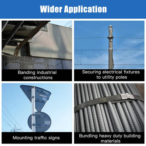 304 Stainless Steel Banding Kit With Tensioner And Cutter For Secure Packaging A Heavy Duty Strapping Tool That Delivers Easy Tensioning And Precise Cutting With A Ratchet Lock For A Firm Secure Grip. Wider application images for industrial banding, poles, signs, and building materials