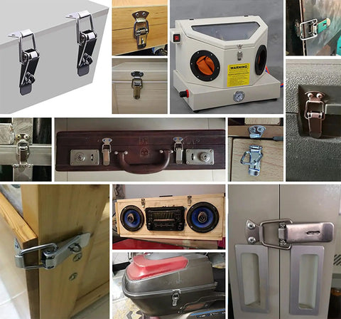 Display showing 4 Pack Beefy, Heavy Duty Spring Loaded Toggle Latch Catch Set in 304 Stainless Steel used on various enclosures and gates