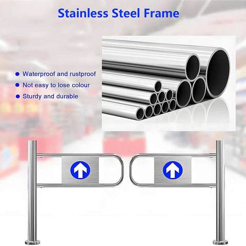 Built Tough Spring Loaded Safety Gate Made For Real World Grocery Stores And Warehouses With Smooth Automatic Closing One Way Sliding Door Waterproof Stainless Steel Frame showing sturdy stainless steel pipes and framed gate.