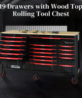 66 Inch Rolling Tool Chest With 19 Drawers Heavy Duty Mobile Tool Cart On Wheels Lockable Storage Cabinet For Garage Workshop Warehouse Lab Wood Top Work Bench Built For DIYers And Pros To Tackle Any Project And Store All Your Gear In A Cabinet, black steel with wood top