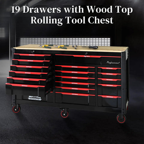 66 Inch Rolling Tool Chest With 19 Drawers Heavy Duty Mobile Tool Cart On Wheels Lockable Storage Cabinet For Garage Workshop Warehouse Lab Wood Top Work Bench Built For DIYers And Pros To Tackle Any Project And Store All Your Gear In A Cabinet, black steel with wood top