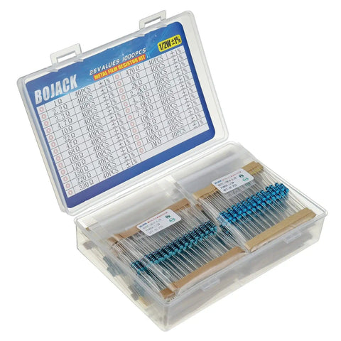 Massive 1000 Piece Resistor Kit With 25 Values From 1 Ohm To 1 M Ohm, 1 Percent Tolerance, One Half Watt Metal Film Resistors in box