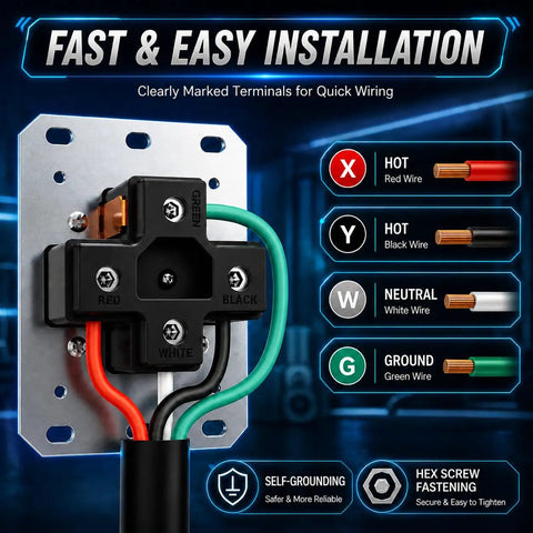 Nema 14 50 Ev Outlet With Surface And Flush Mount Box Kit, weather durable wiring terminals with color coding for installation.