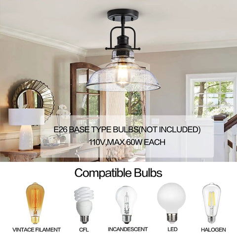 Farmhouse Flush Mount Ceiling Light With Aged Black Metal Frame and Seeded Glass Shade in cozy entryway