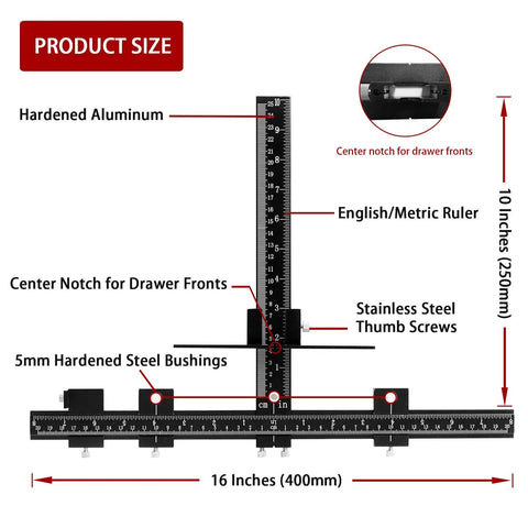 All Aluminum Cabinet Hardware Jig Kit For Precision Pro Grade Fast Installations with Durable Metal Clamps in a size guide image