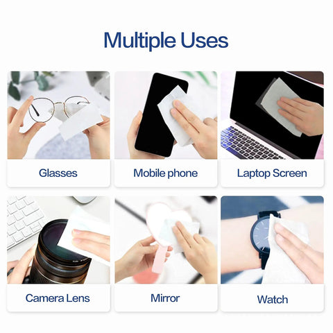Pre Moistened Lens Wipes You Can Toss In Your Bag 70 Count Pack With Carry Box Defogging Wipes For Glasses Sunglasses Goggles Cameras Phones And Laptop Screens Streak Free Finish shown cleaning various items