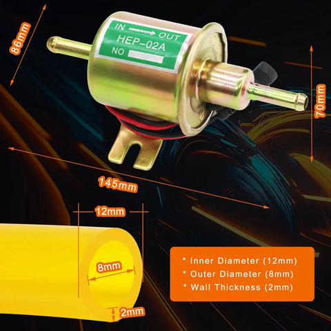 Dimensions of 12V Electric Fuel Transfer Pump Kit With Case 30 GPH Inline Pump For Gasoline Or Diesel Self Priming With Filter