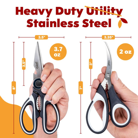 Everyday Kitchen Workhorse All Purpose Kitchen Shears And Seafood Scissors Set With Lifetime Replacement Warranty Heavy Duty Stainless Steel Cutters For Cooking Prep And Seafood Ergonomic Handles And Sharp Blades For Quick Easy Kitchen Wins, 8-inch shears and 7-inch seafood scissors