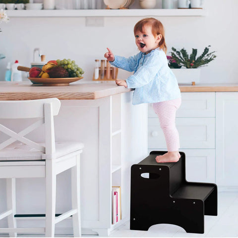 Knockout Grip Two Tier Kids Step Stool, Bathroom Sink Booster With Snug Handrails And Non Slip Base Pads For Potty Learning Or Kitchen Counter Reach, Straight Up Durable Build Crafted From Dense Birch Wood In Matte Black